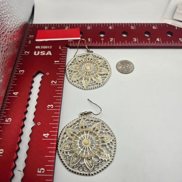 Earrings Boho Dangle Silver Tone Gold Mandala Filigree Round Drop SKU2412 - Picture 4 of 7